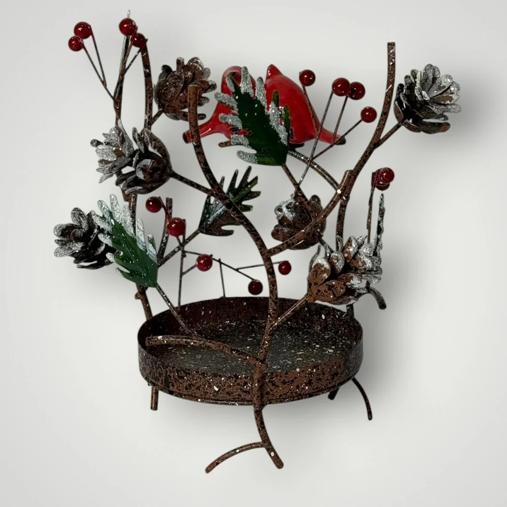 Large Pillar‎ Metal Candle Holder With Ceramic Red Cardinal Birds Pinecones